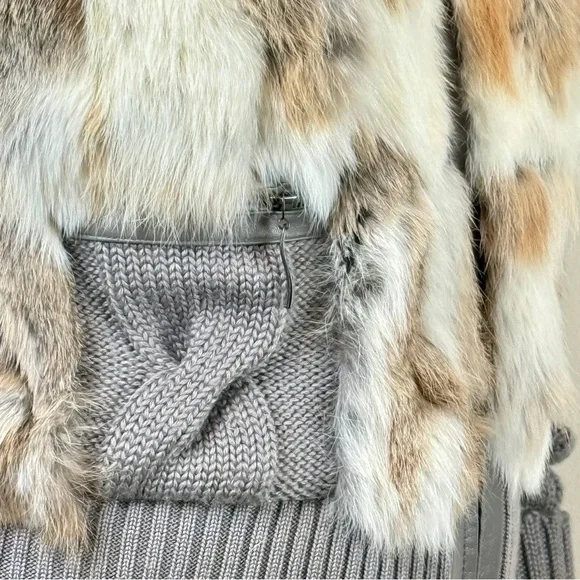 Rabbit Fur and Cable Knit Cardigan Jacket with Hood - Picture 10 of 15